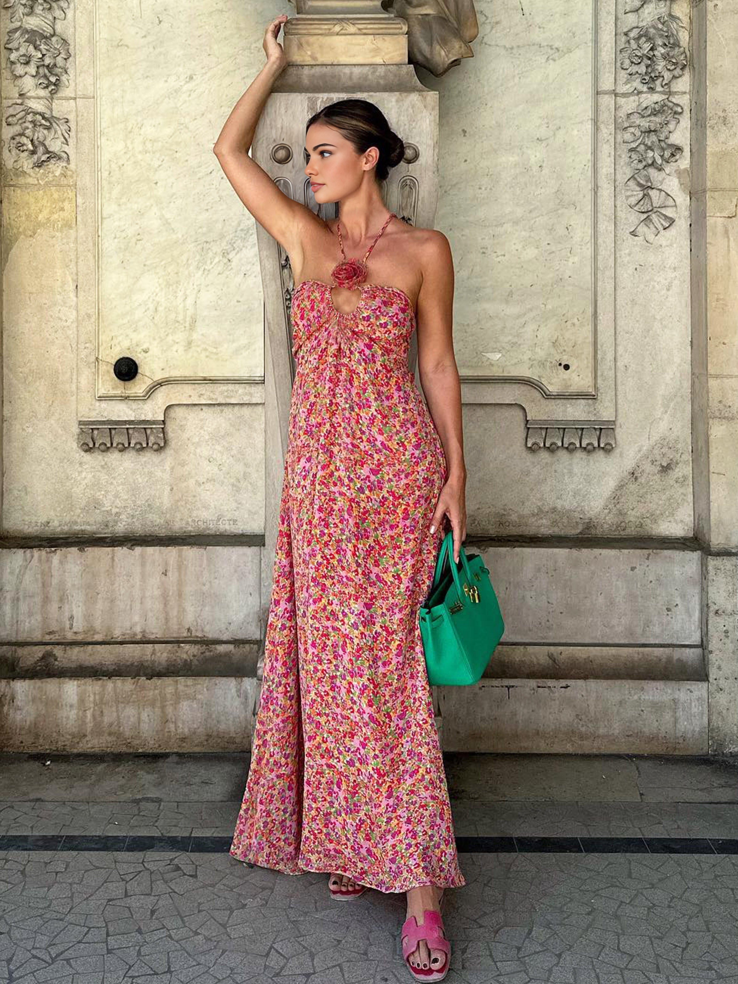 JazzHer Boho Floral Print Rosette Decor Halter Long Dress