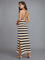 JazzHer Stripe Halter V Neck Split Midi Dress