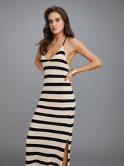 JazzHer Stripe Halter V Neck Split Midi Dress