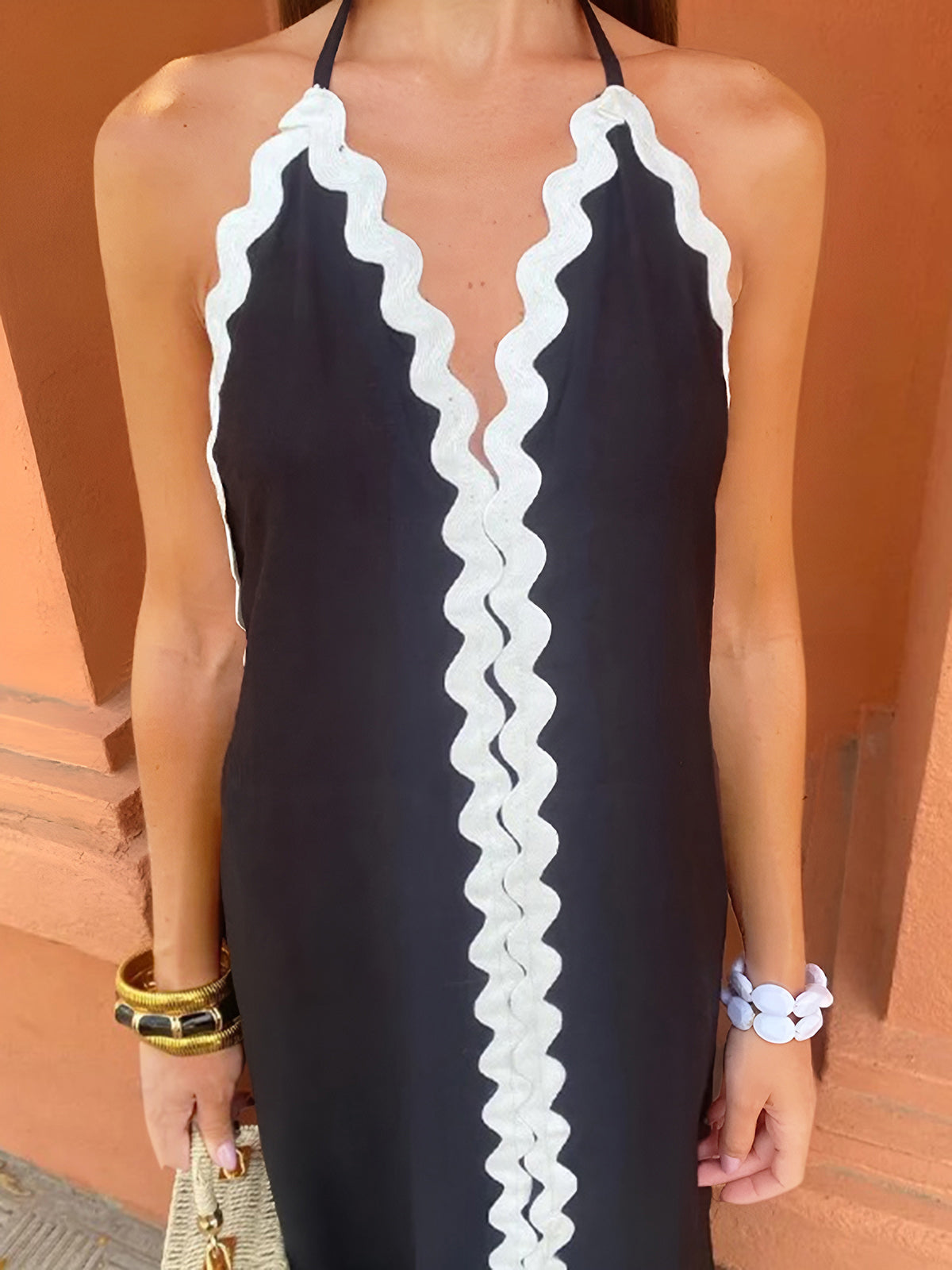 JazzHer Zig Zag Edge Halter Midi Dress