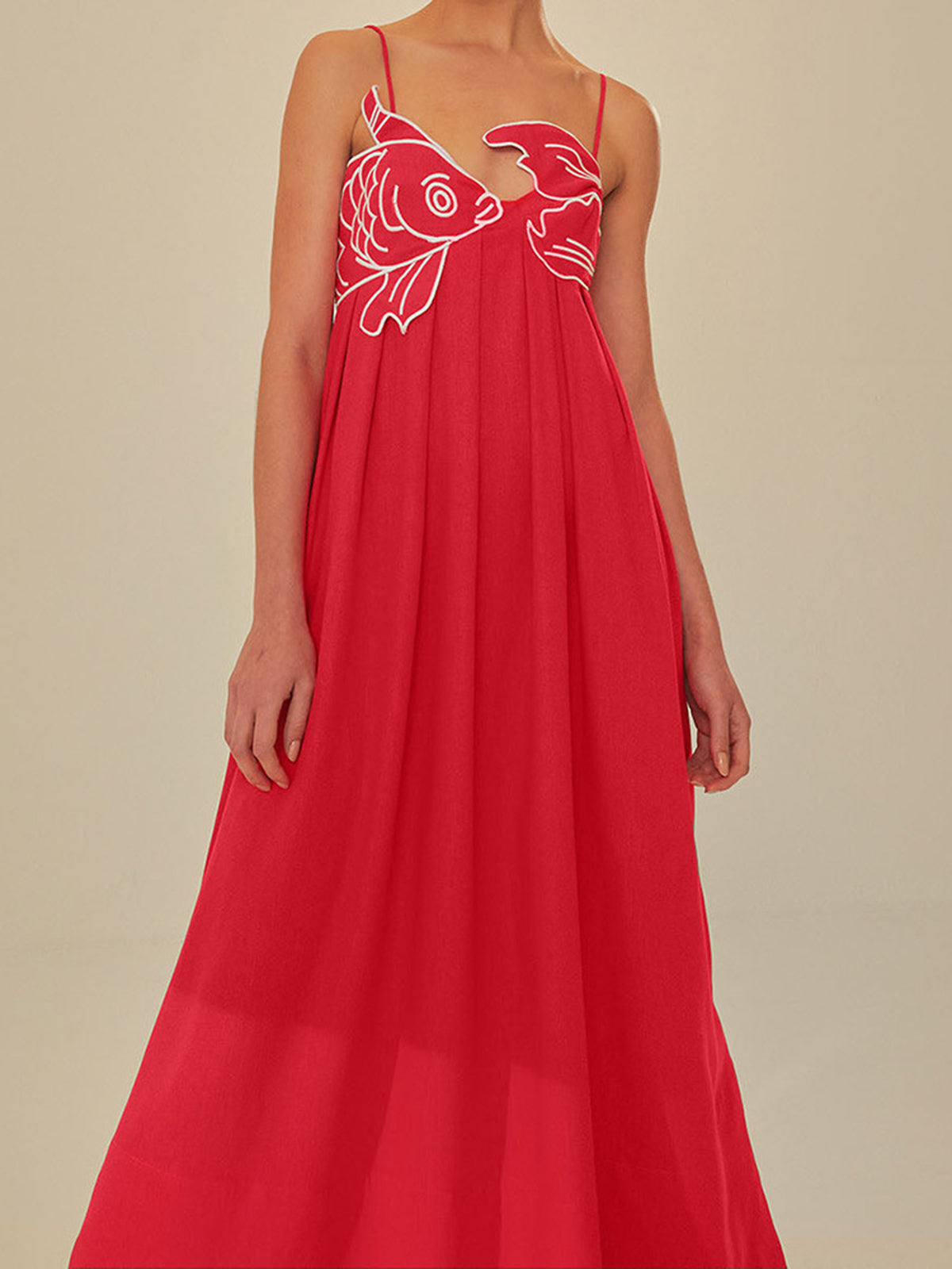 JazzHer Embroidered Fish Spaghetti Strap Midi Dress