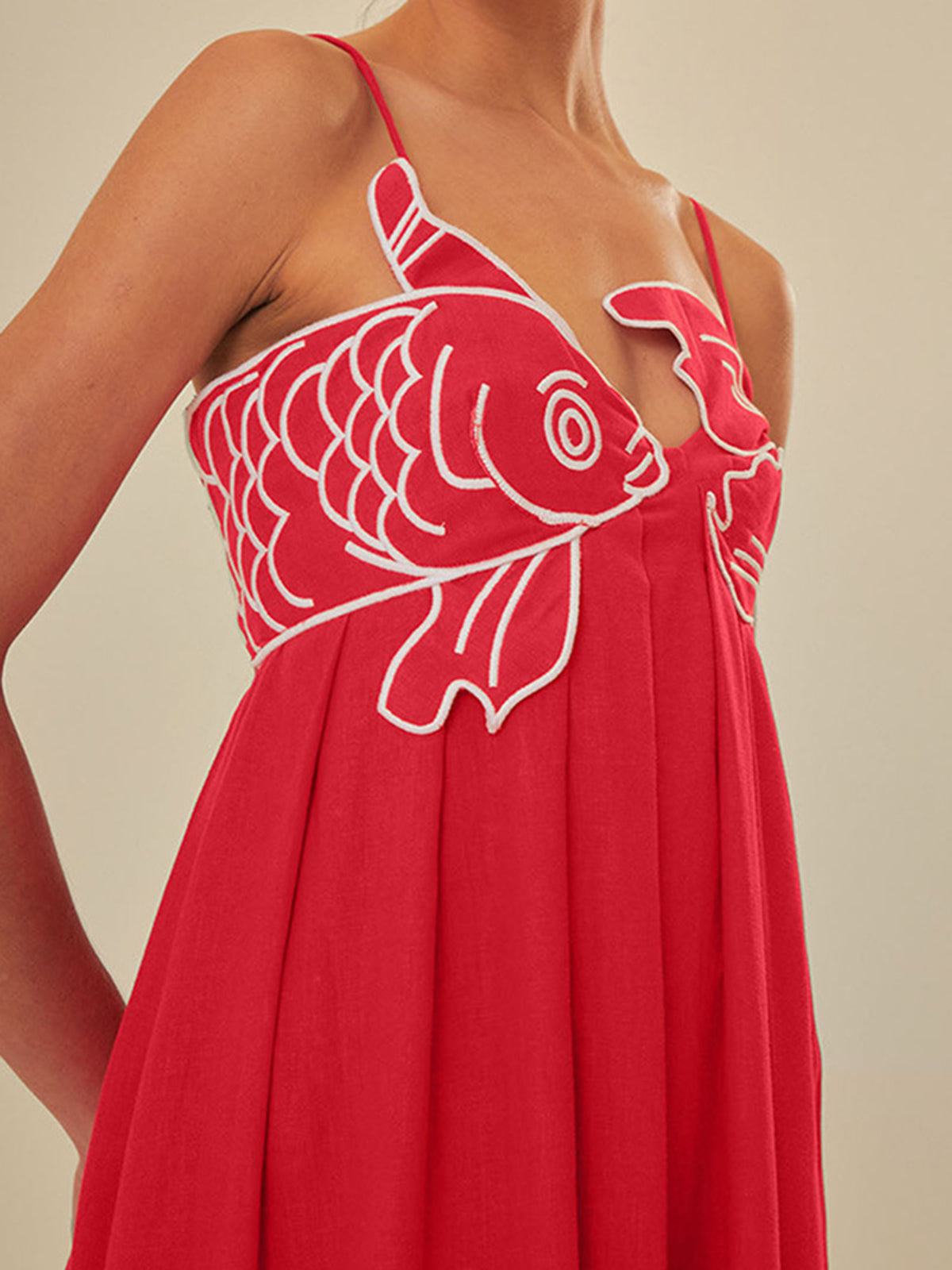 JazzHer Embroidered Fish Spaghetti Strap Midi Dress