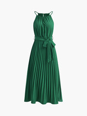 JazzHer Halter Belted Pleated Midi Dress