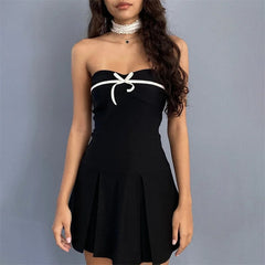 JazzHer Black Bow Front Off Shoulder Mini Dress