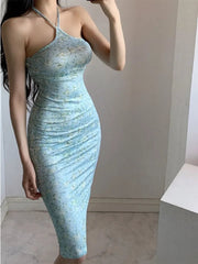 JazzHer Blue Floral Bodycon Halter Midi Dress
