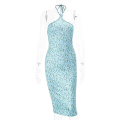 JazzHer Blue Floral Bodycon Halter Midi Dress