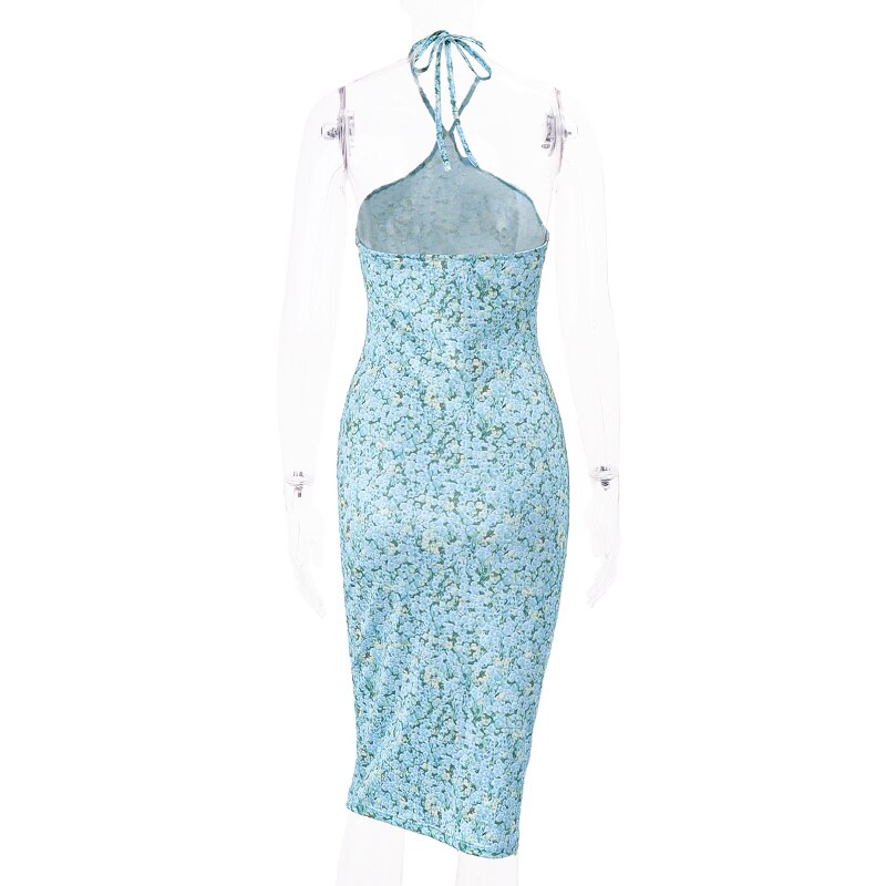 JazzHer Blue Floral Bodycon Halter Midi Dress