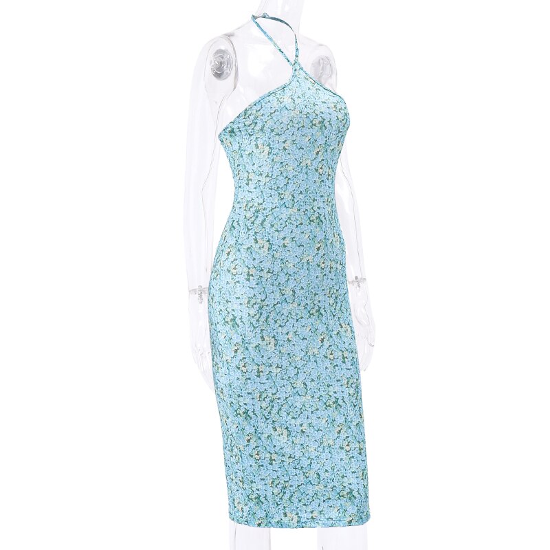 JazzHer Blue Floral Bodycon Halter Midi Dress