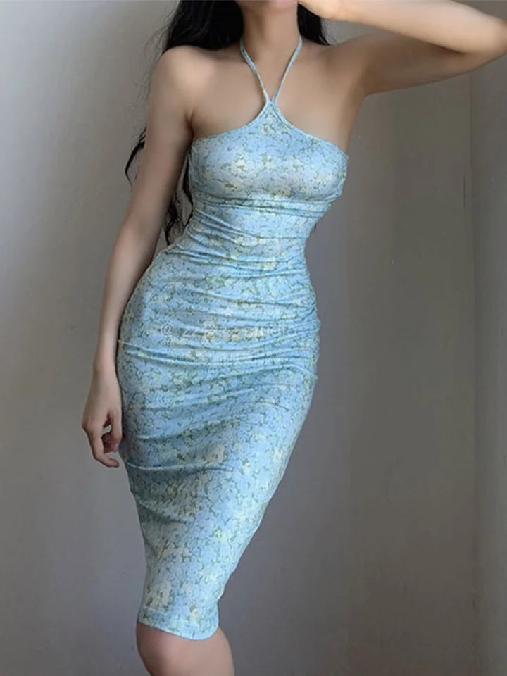 JazzHer Blue Floral Bodycon Halter Midi Dress