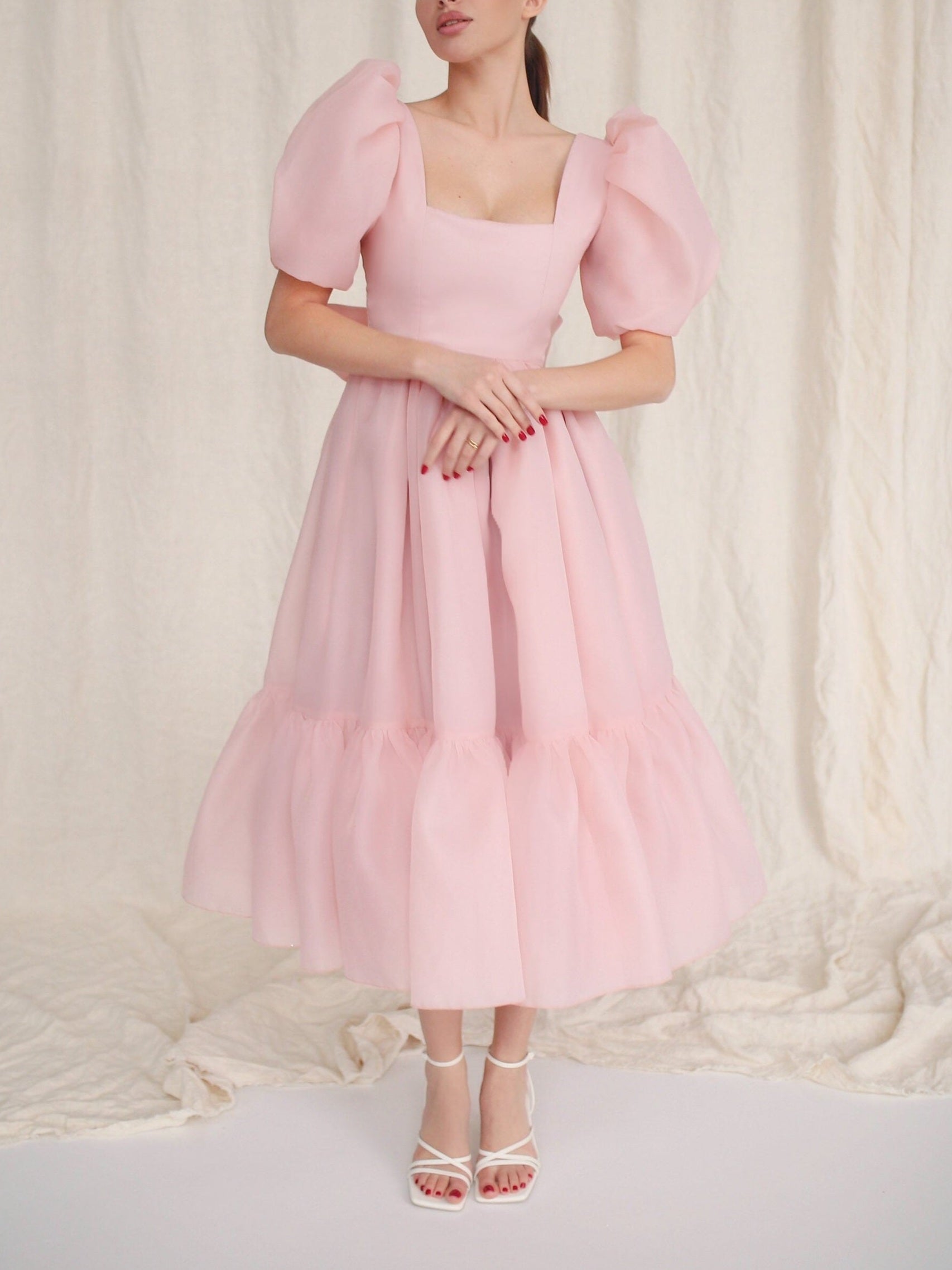 JazzHer Bow Back Puff Sleeve Midi Dress