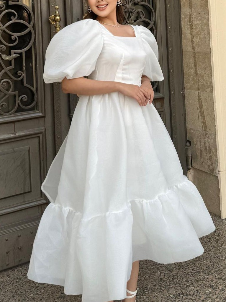 JazzHer Bow Back Puff Sleeve Midi Dress