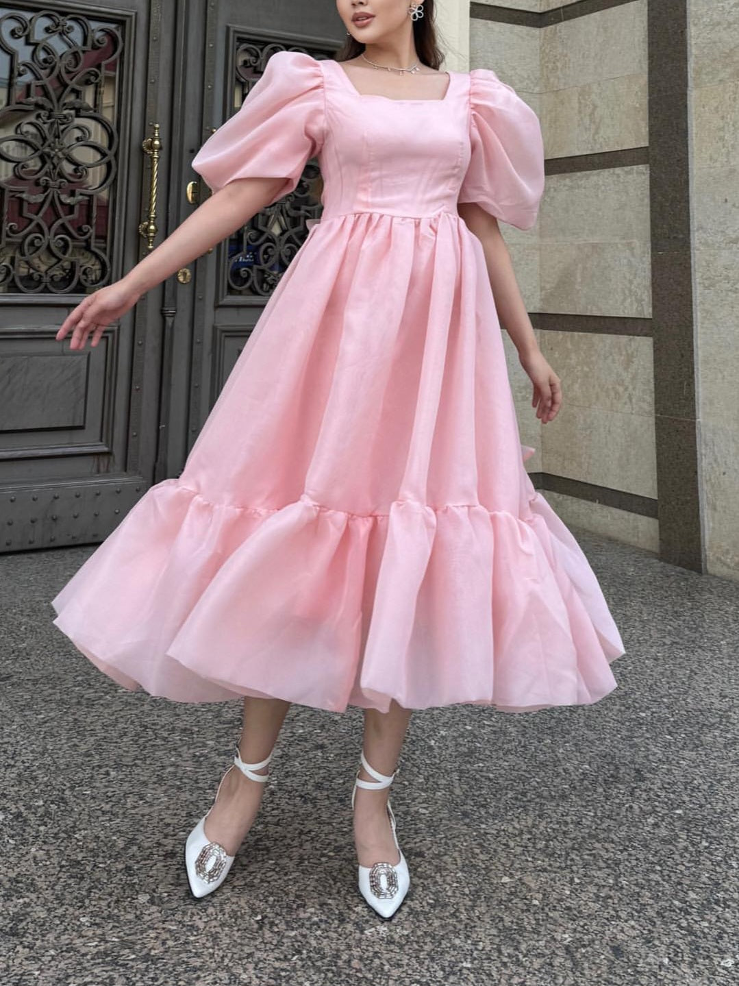 JazzHer Bow Back Puff Sleeve Midi Dress