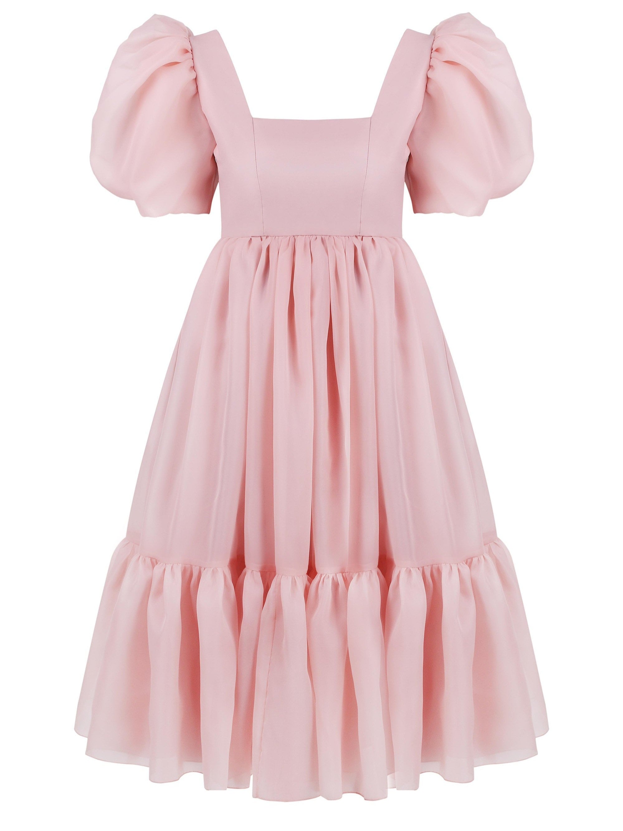 JazzHer Bow Back Puff Sleeve Midi Dress