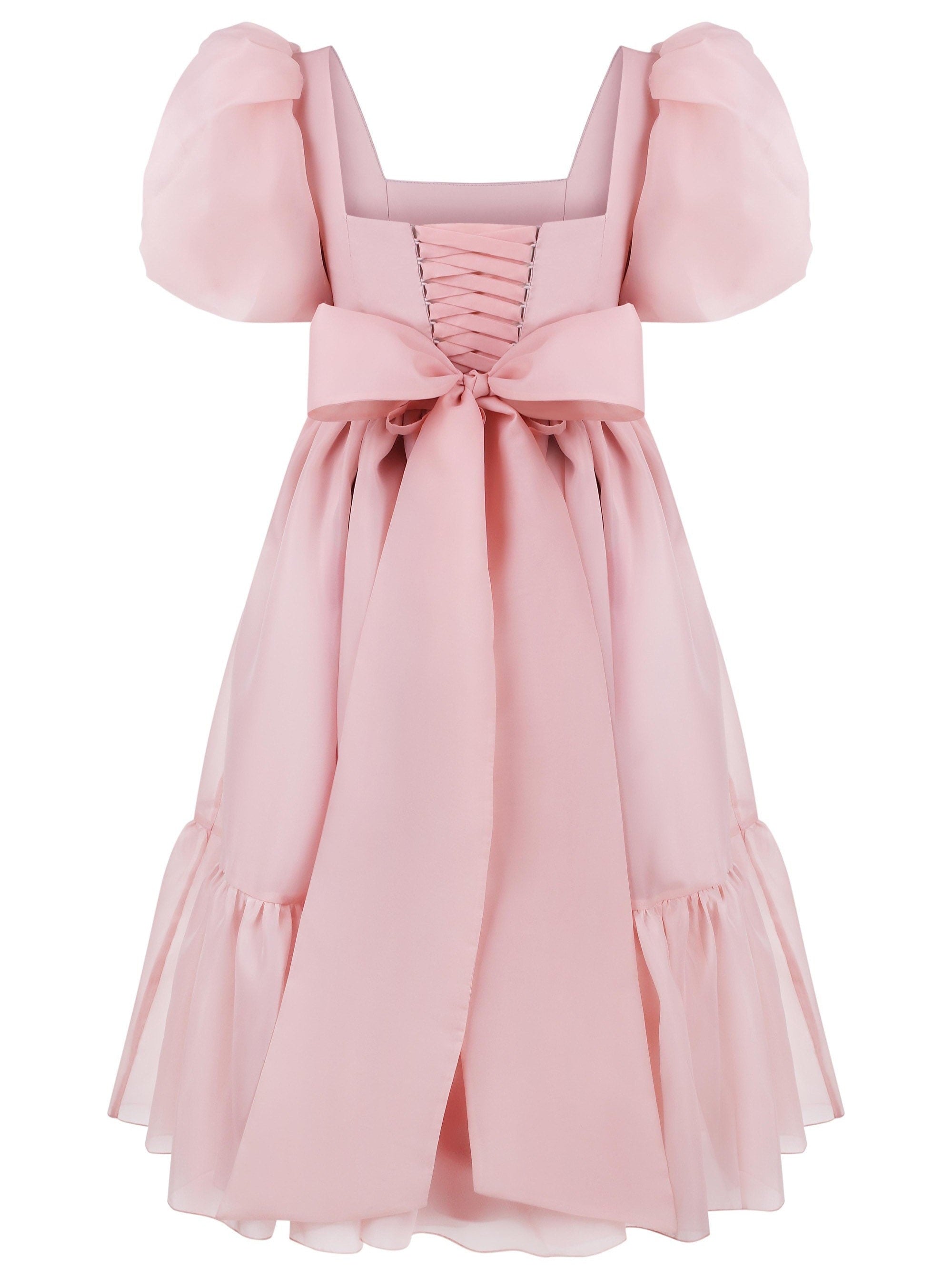 JazzHer Bow Back Puff Sleeve Midi Dress
