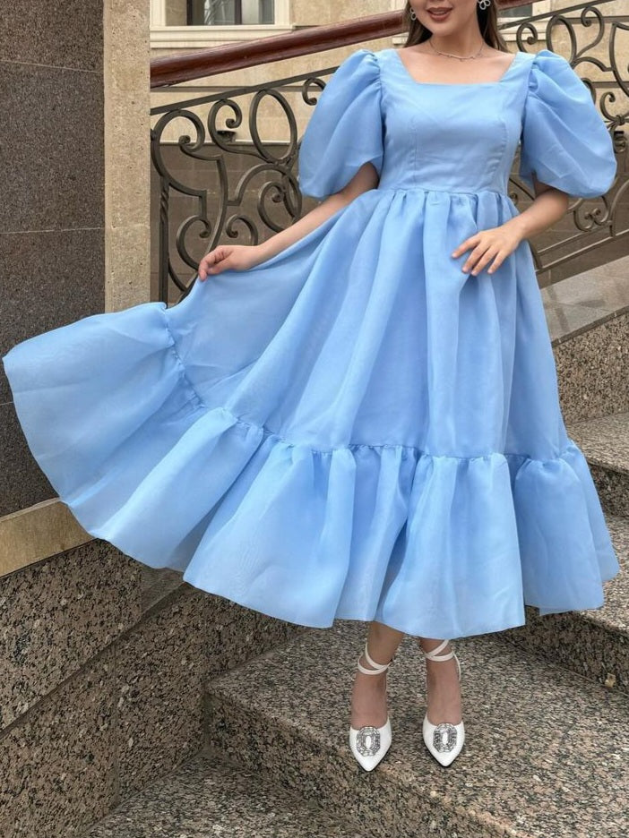 JazzHer Bow Back Puff Sleeve Midi Dress