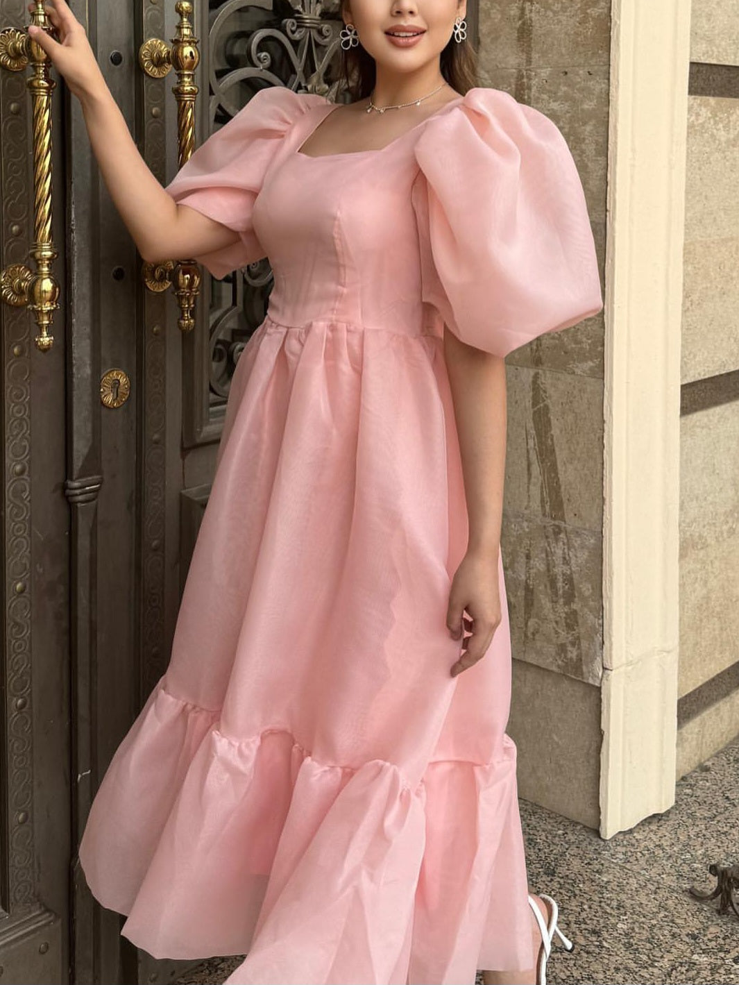 JazzHer Bow Back Puff Sleeve Midi Dress