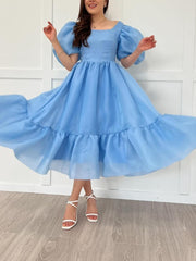 JazzHer Bow Back Puff Sleeve Midi Dress