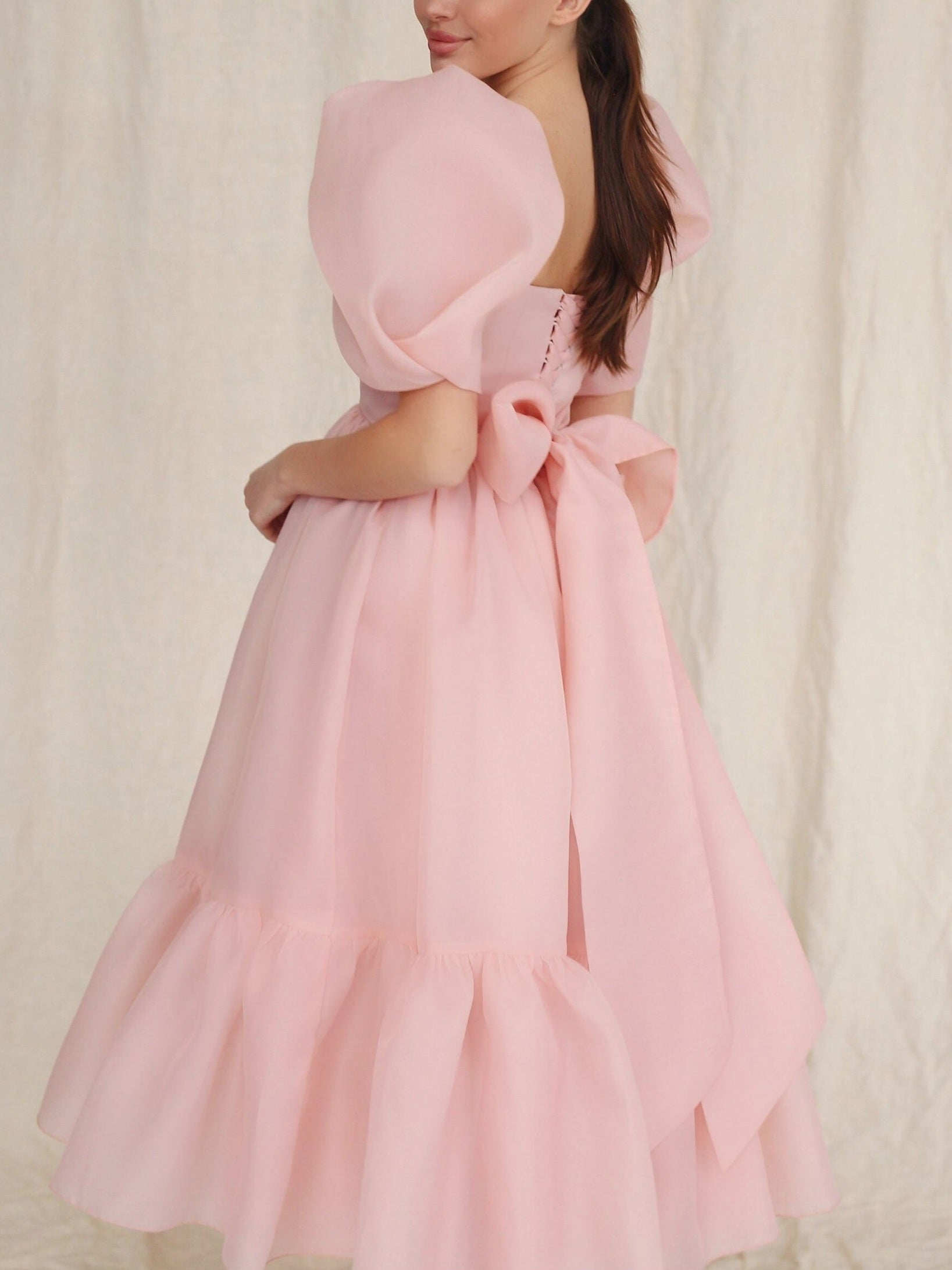 JazzHer Bow Back Puff Sleeve Midi Dress