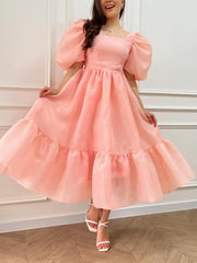 JazzHer Bow Back Puff Sleeve Midi Dress