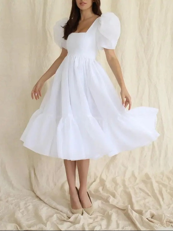 JazzHer Bow Back Puff Sleeve Midi Dress