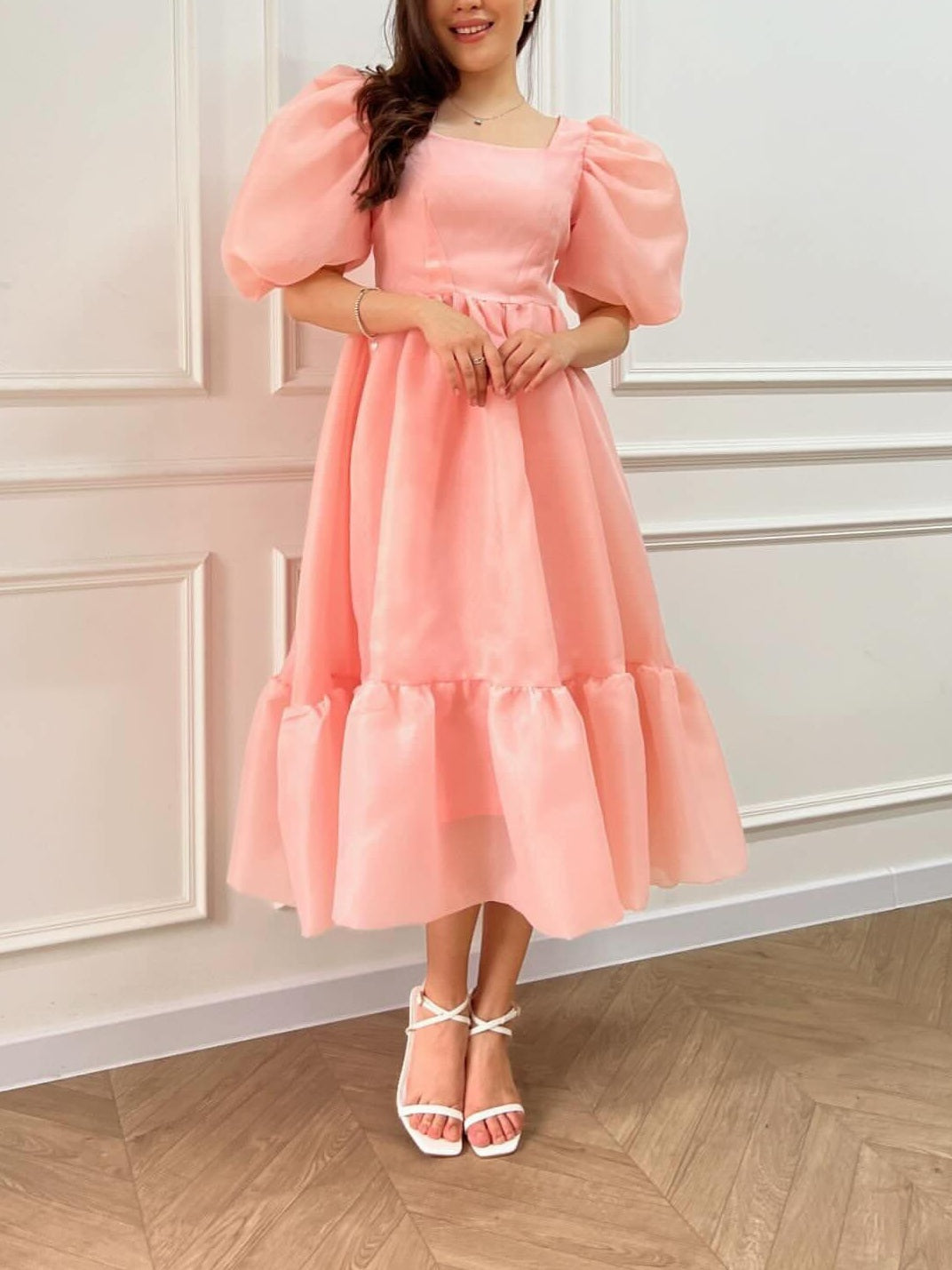 JazzHer Bow Back Puff Sleeve Midi Dress