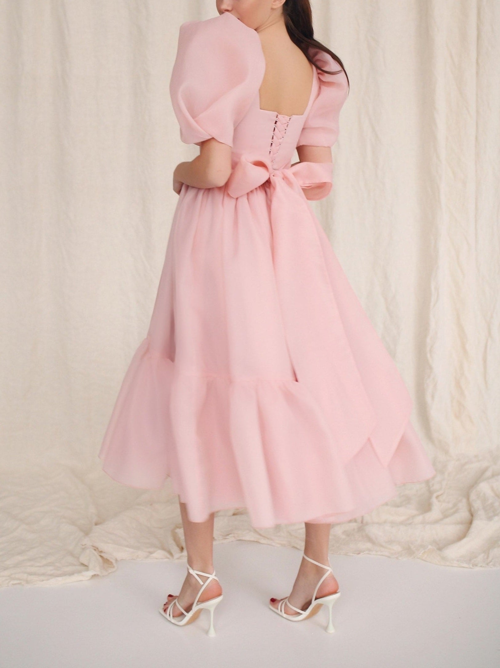 JazzHer Bow Back Puff Sleeve Midi Dress