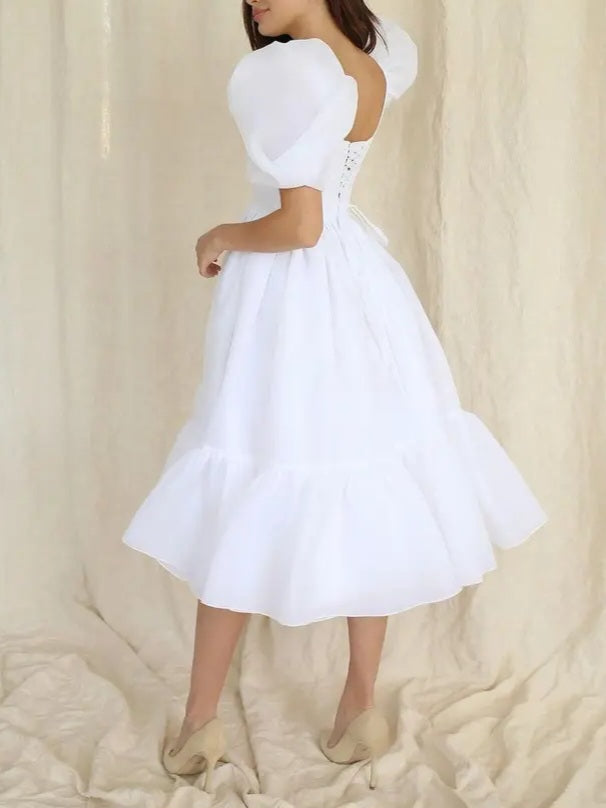 JazzHer Bow Back Puff Sleeve Midi Dress