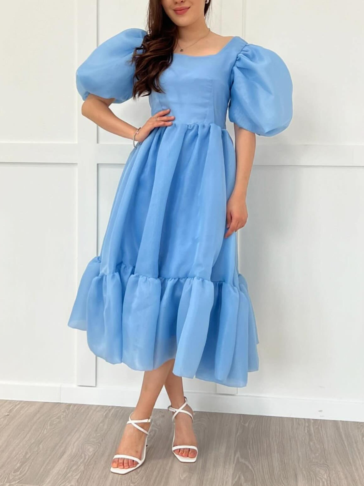 JazzHer Bow Back Puff Sleeve Midi Dress