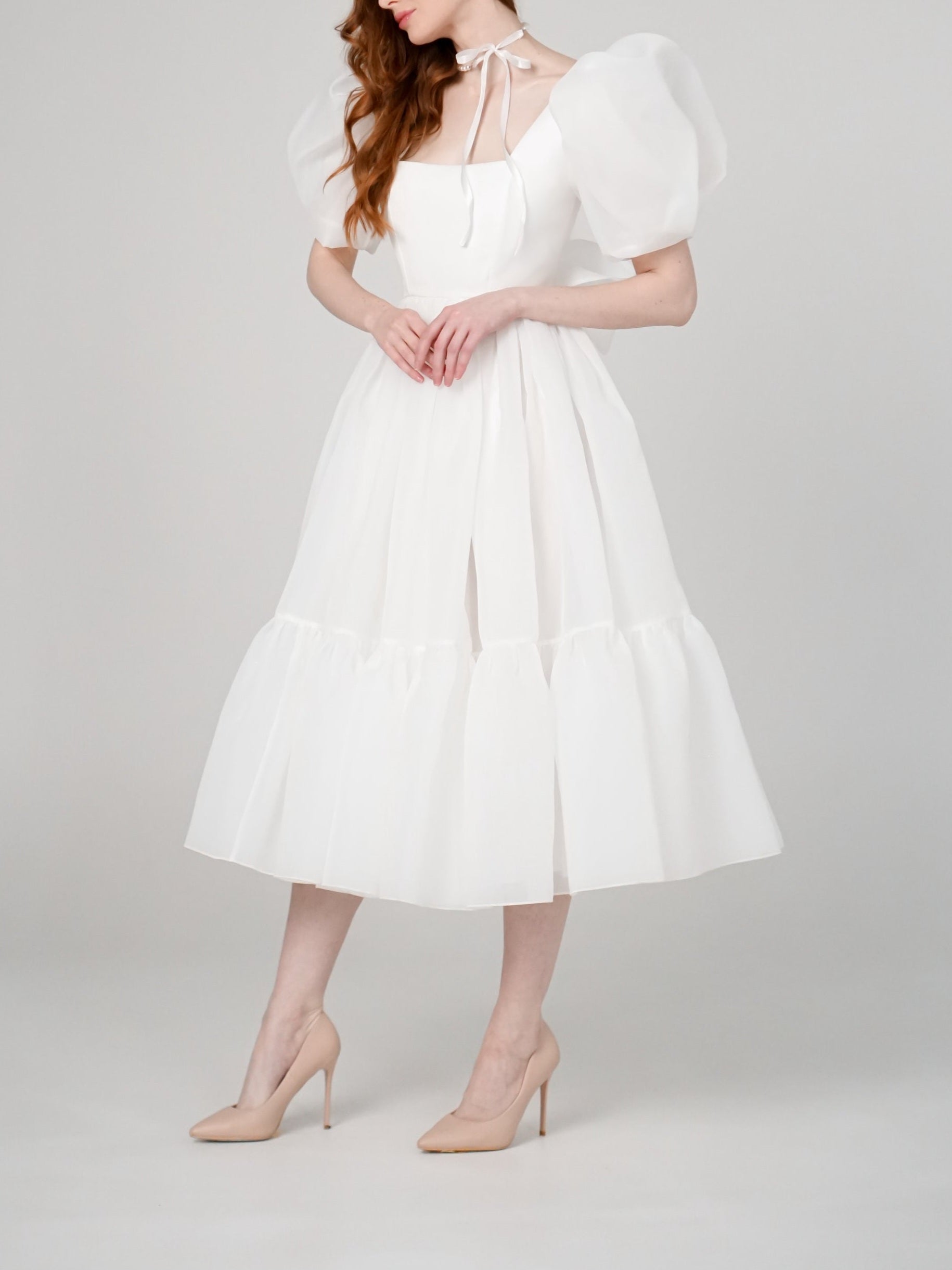 JazzHer Bow Back Puff Sleeve Midi Dress