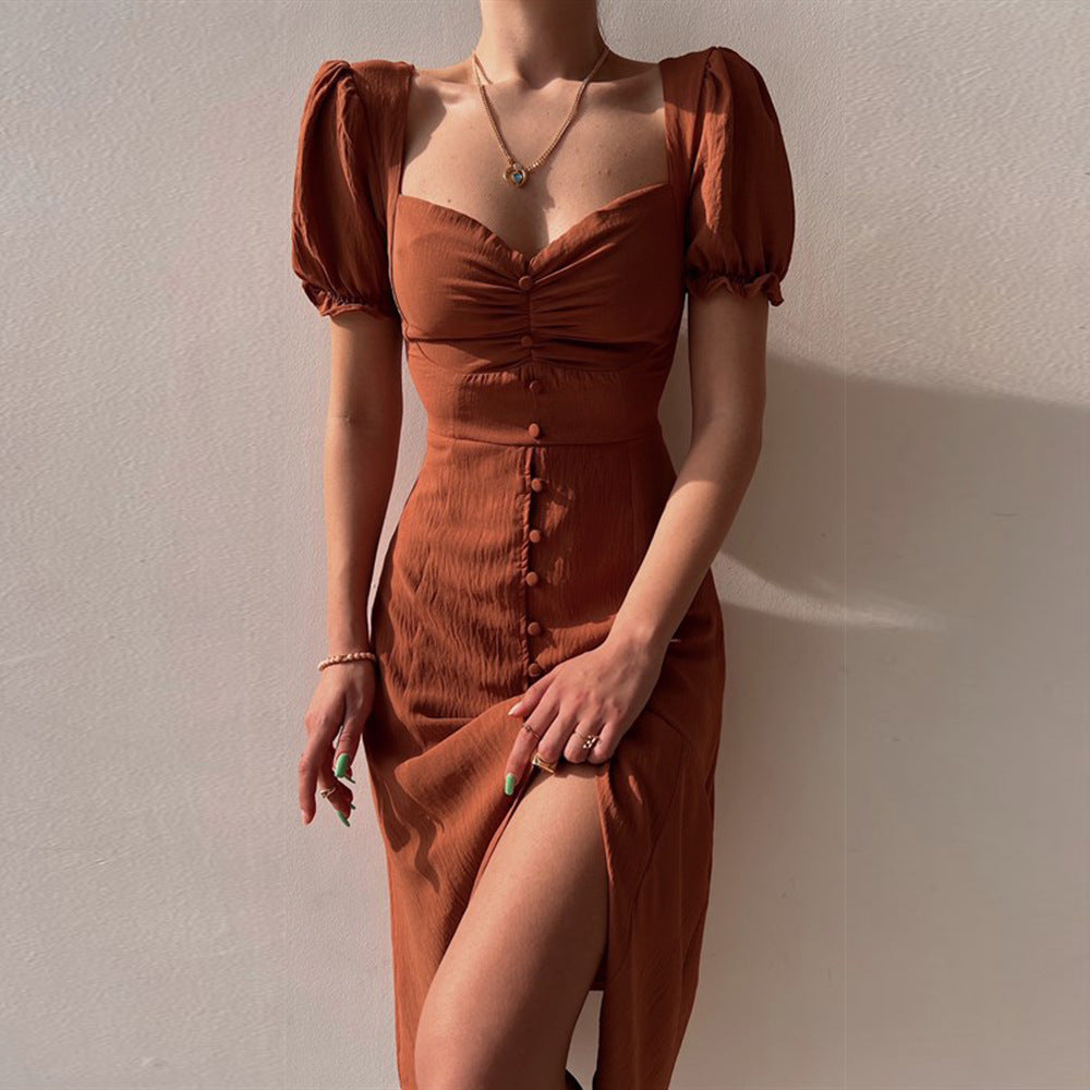JazzHer Button-Down Puff Sleeve Midi Dress