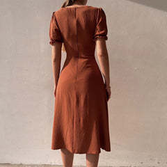 JazzHer Button-Down Puff Sleeve Midi Dress