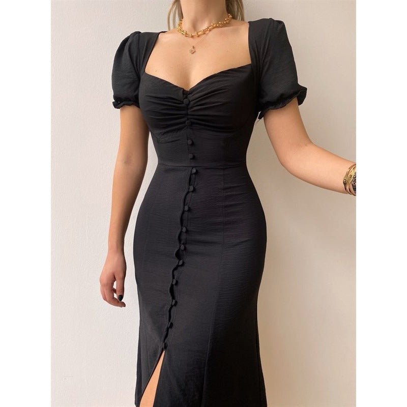 JazzHer Button-Down Puff Sleeve Midi Dress