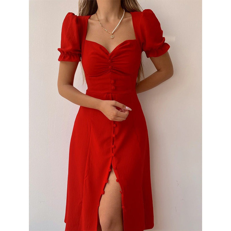 JazzHer Button-Down Puff Sleeve Midi Dress