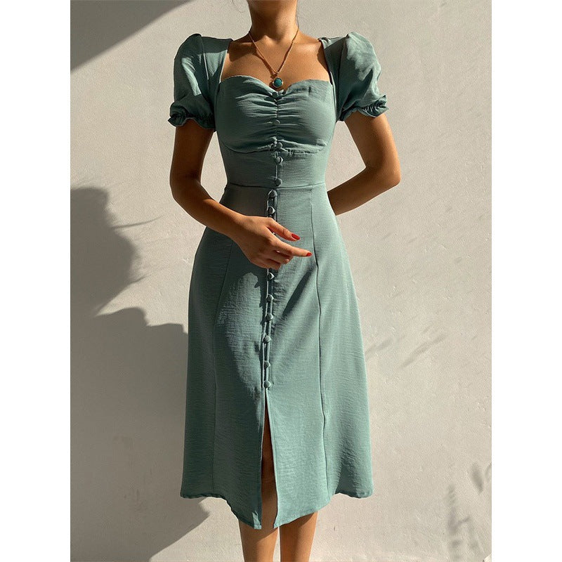 JazzHer Button-Down Puff Sleeve Midi Dress