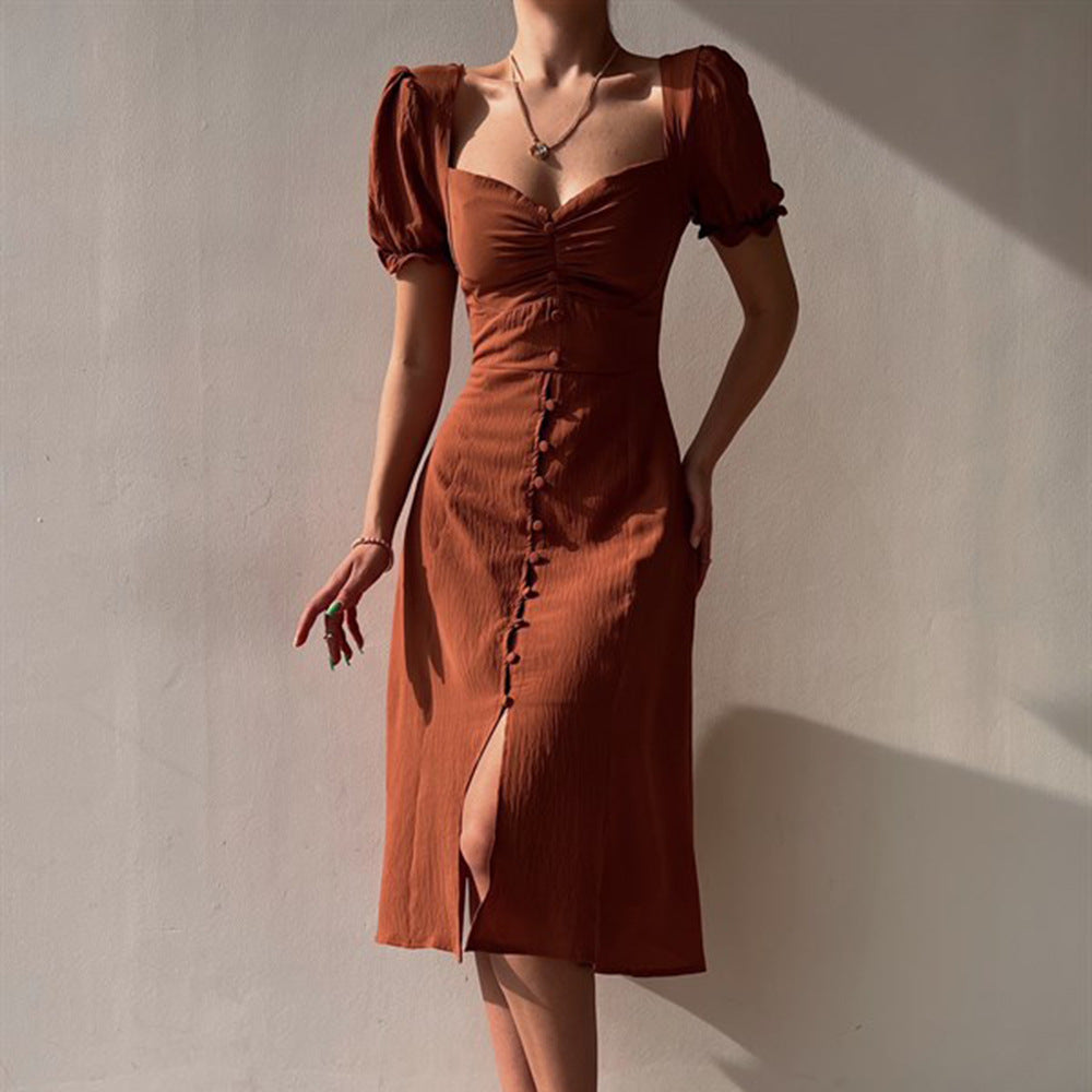 JazzHer Button-Down Puff Sleeve Midi Dress