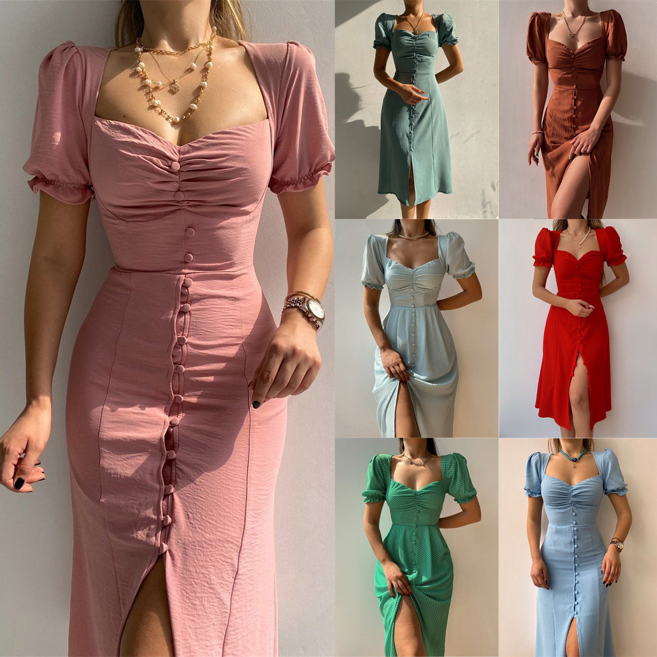 JazzHer Button-Down Puff Sleeve Midi Dress