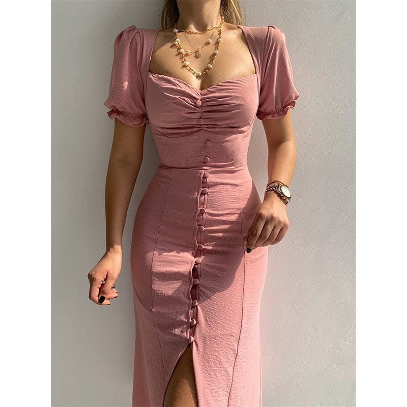 JazzHer Button-Down Puff Sleeve Midi Dress