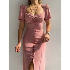 JazzHer Button-Down Puff Sleeve Midi Dress
