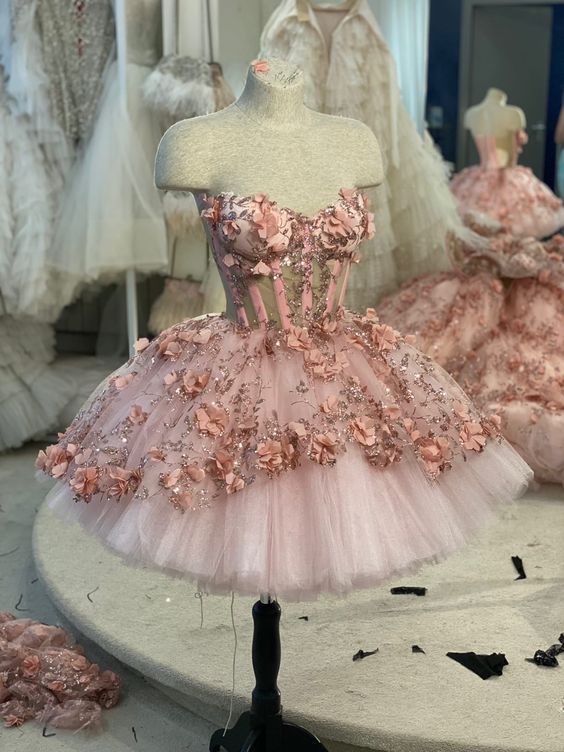 JazzHer Vintage Short Pink Homecoming Dresses with Flowers (PRE-ORDER)