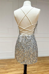 JazzHer V Neck Lace-Up Sequins Tight Homecoming Dress with Tassels (PRE-ORDER)