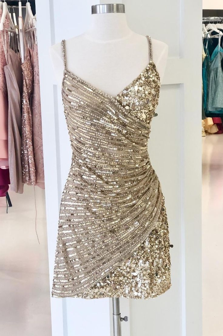 JazzHer Vintage Straps Champagne Sequins Short Homecoming Dresses (PRE-ORDER)