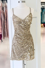 JazzHer Vintage Straps Champagne Sequins Short Homecoming Dresses (PRE-ORDER)