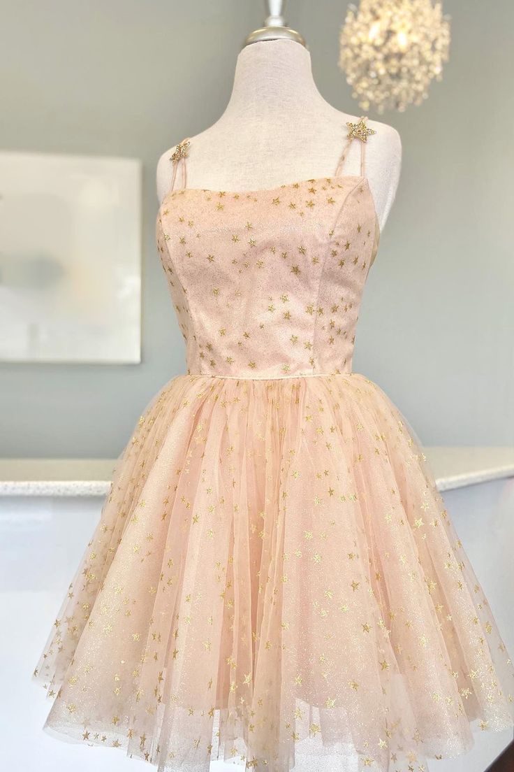 JazzHer Straps Pink A-Line Tulle Homecoming Dress With Gold Stars (PRE-ORDER)