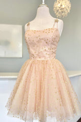 JazzHer Straps Pink A-Line Tulle Homecoming Dress With Gold Stars (PRE-ORDER)