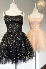 JazzHer Straps Pink A-Line Tulle Homecoming Dress With Gold Stars (PRE-ORDER)