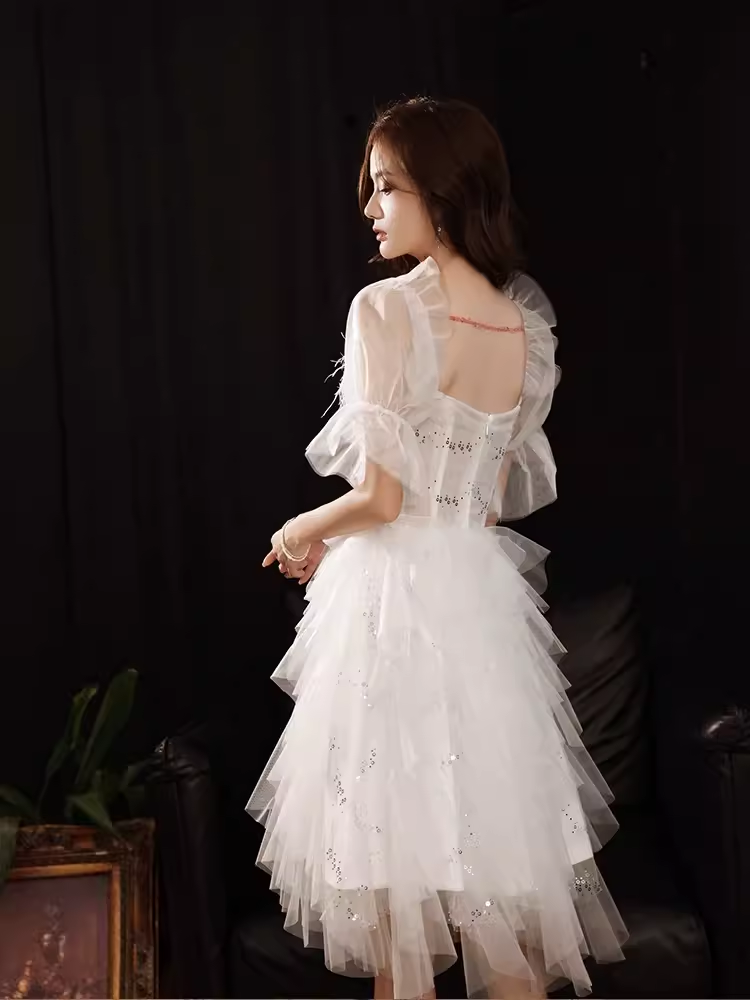 JazzHer Cute A line Square Neckline Tulle Short Homecoming Dress White Hoco Dresses (PRE-ORDER)