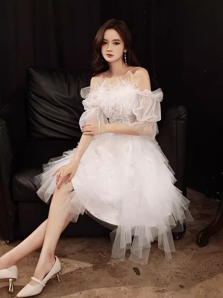 JazzHer Cute A line Square Neckline Tulle Short Homecoming Dress White Hoco Dresses (PRE-ORDER)