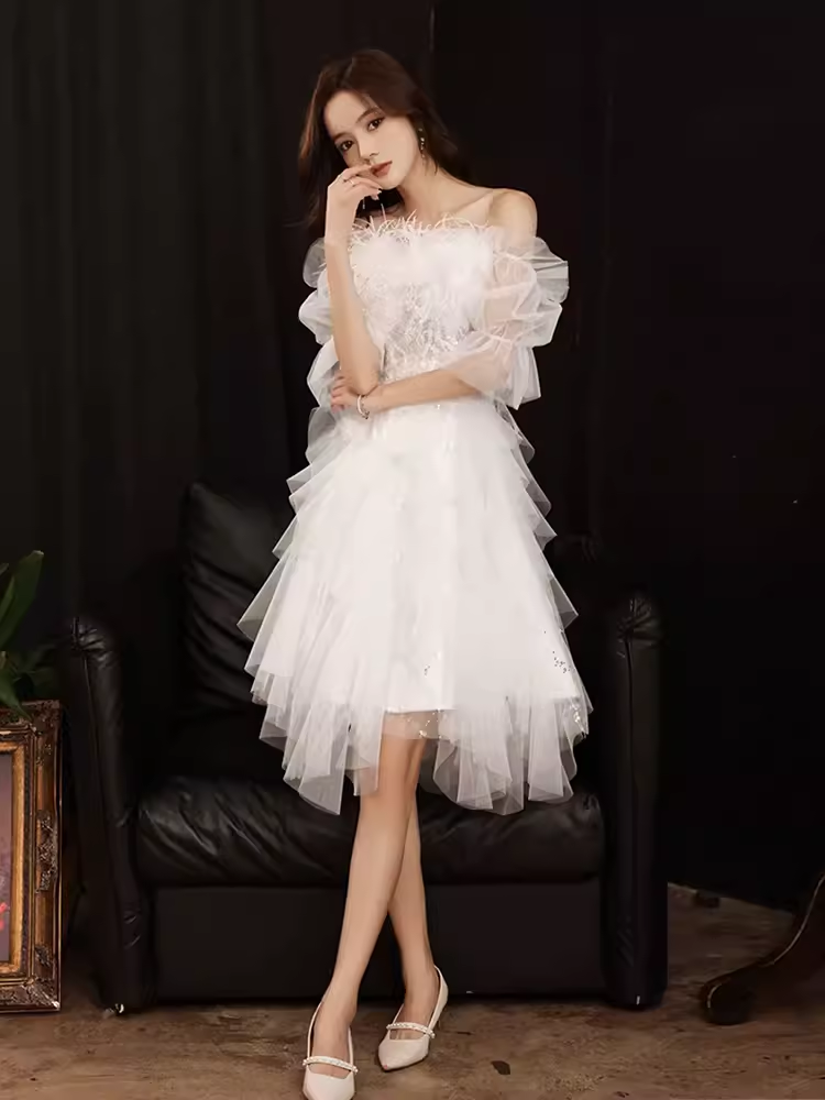 JazzHer Cute A line Square Neckline Tulle Short Homecoming Dress White Hoco Dresses (PRE-ORDER)