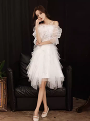 JazzHer Cute A line Square Neckline Tulle Short Homecoming Dress White Hoco Dresses (PRE-ORDER)