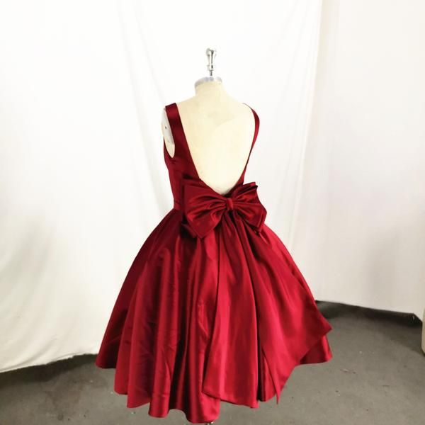 JazzHer Dark Red Satin Backless Vintage Style Party Dress Homecoming Dresses with Bow (PRE-ORDER)